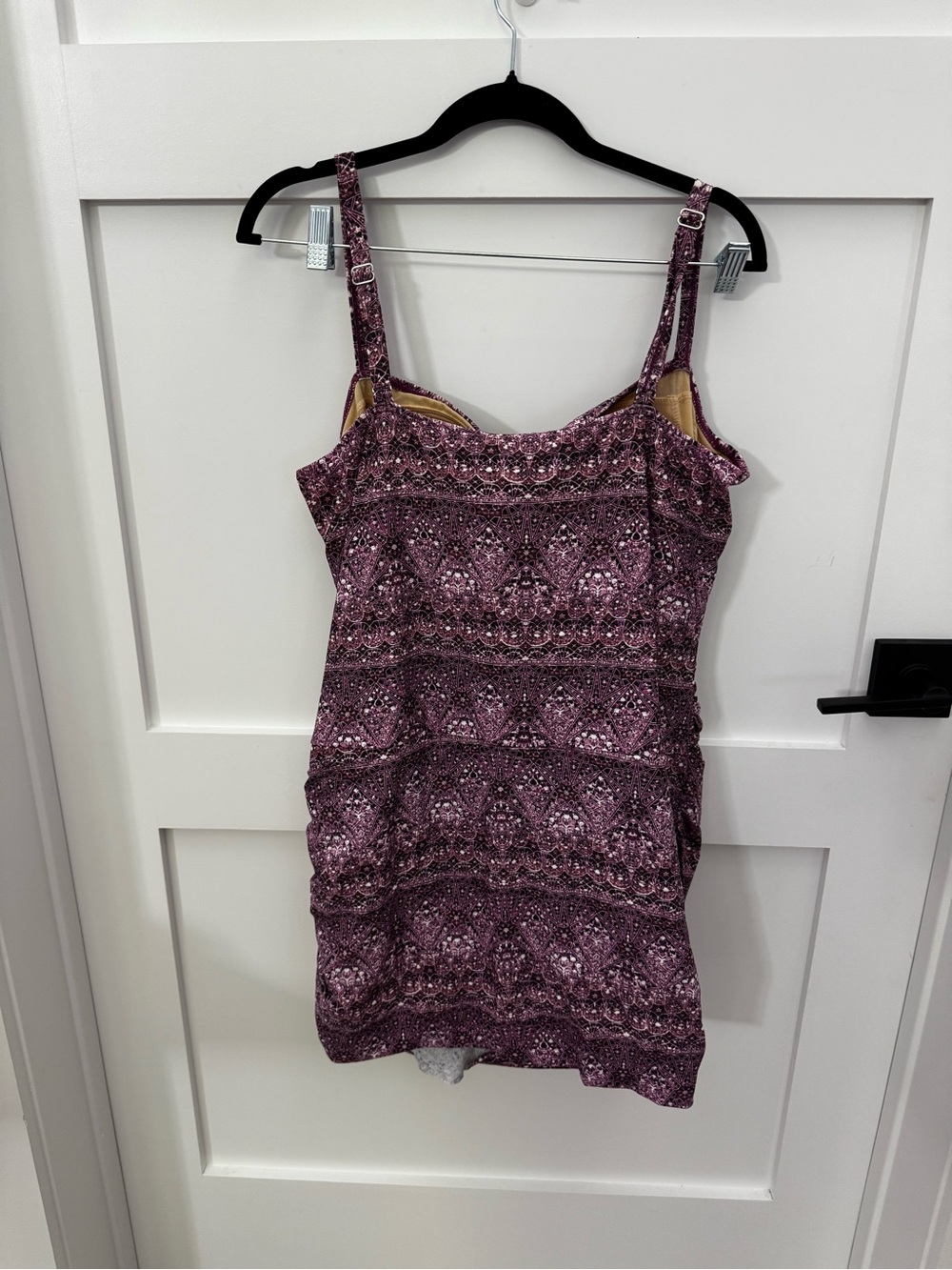 Swimsuits For All Purple Patterned Ruched Tank Dress - Picture 3 of 3